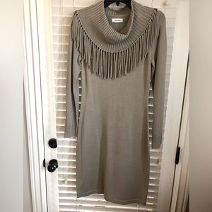 Golden tan fringe sweater dress